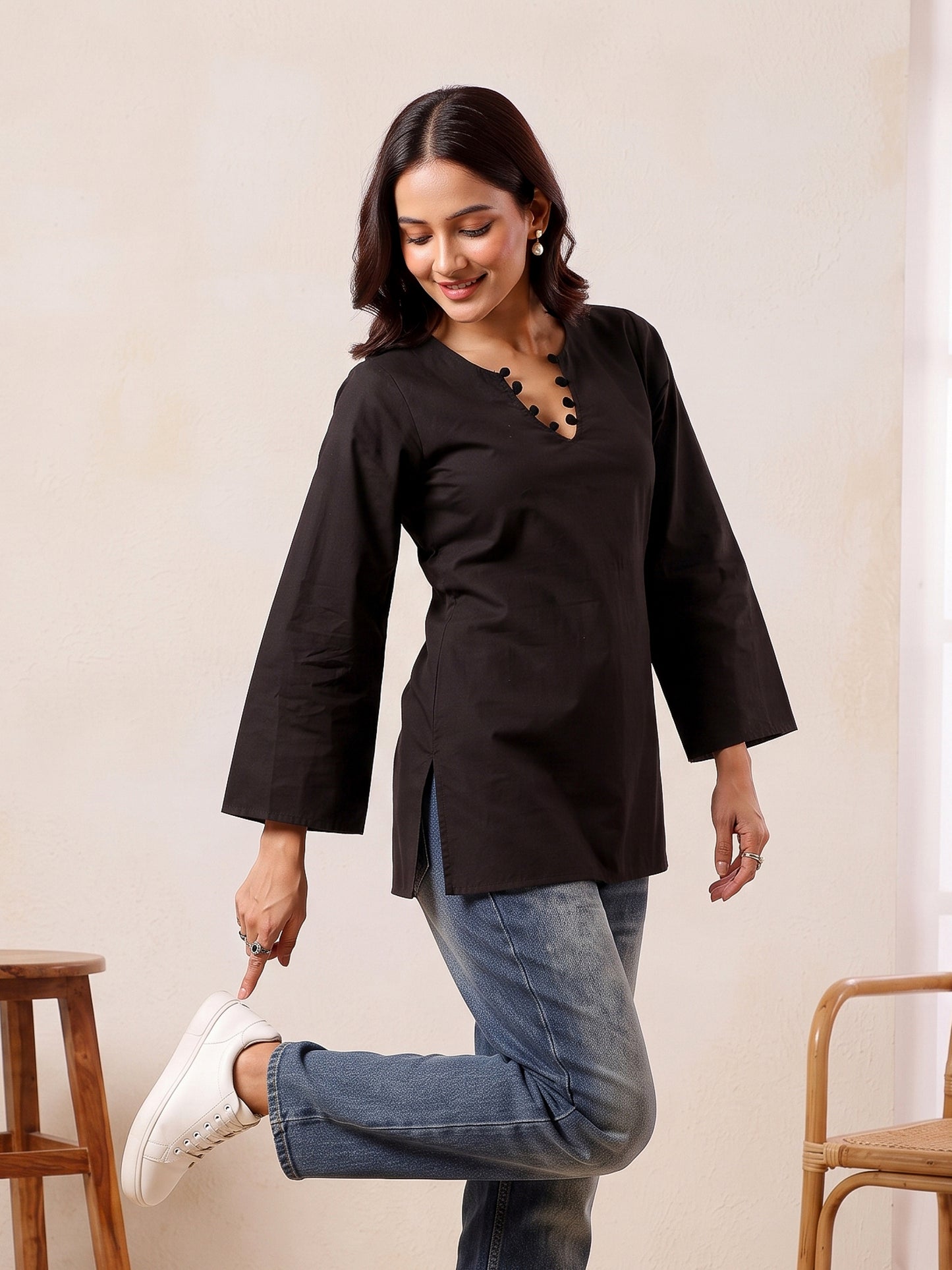 Solid Corset Back Cotton Kurti (Black)