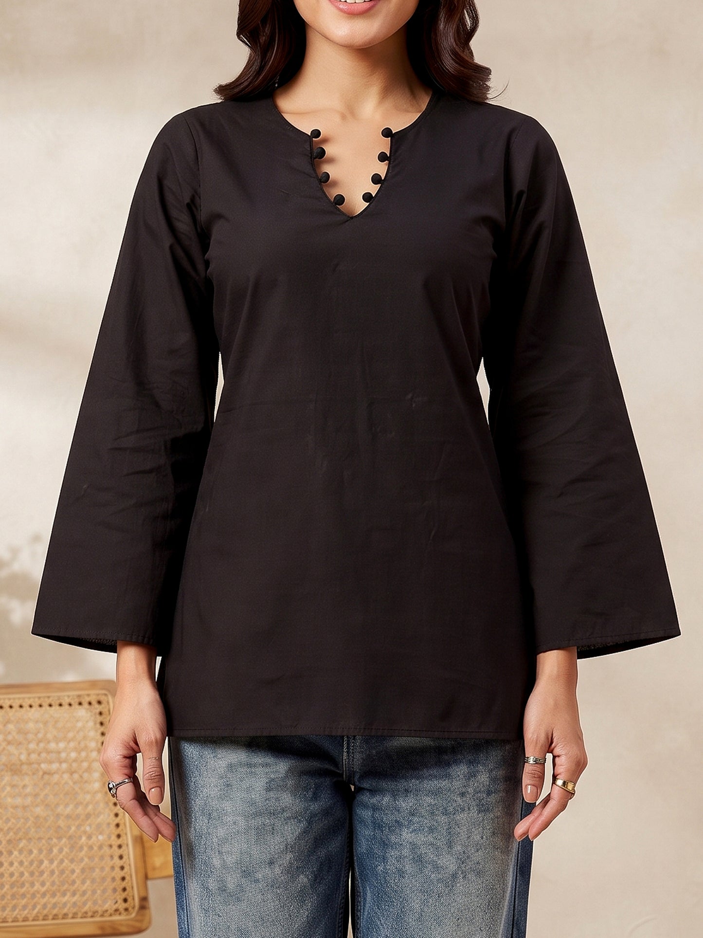 Solid Corset Back Cotton Kurti (Black)