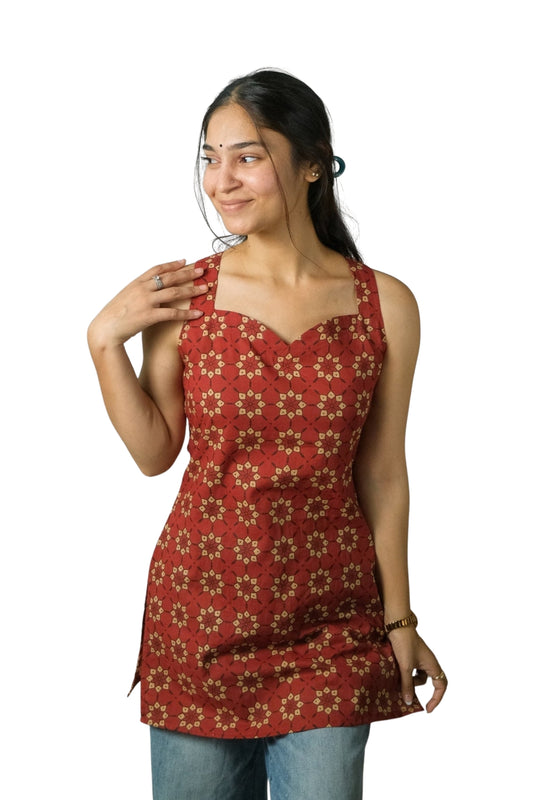 Inaya – Open Back Halter Neck Kurti (Rust Red)