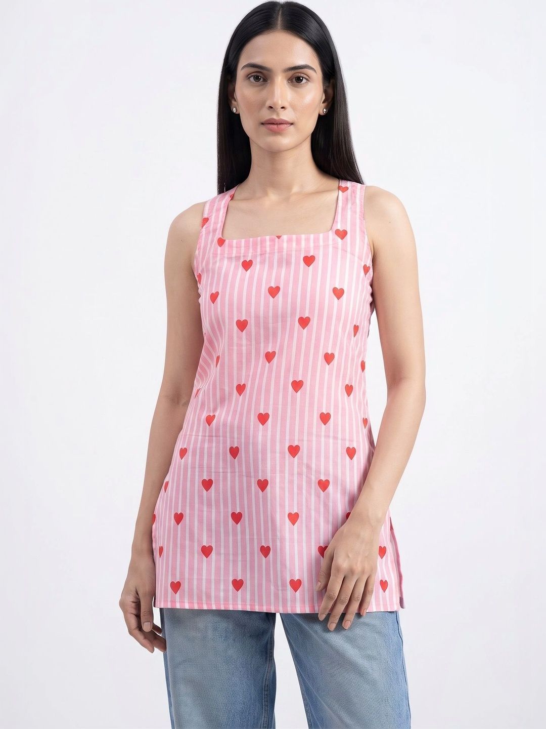 Heart Printed Striped Open Back Sleeveless Kurti (Pink)
