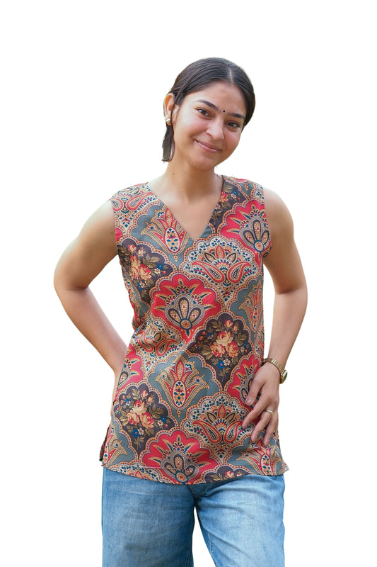 Digital Paisley Printed Cotton Sleeveless Top (Multicolor)