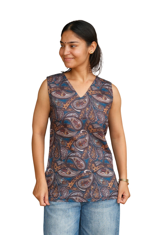 Digital Paisley Printed Cotton Sleeveless Top (Brown)