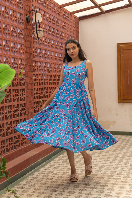Azure Blossom Tiered Dress (Blue)