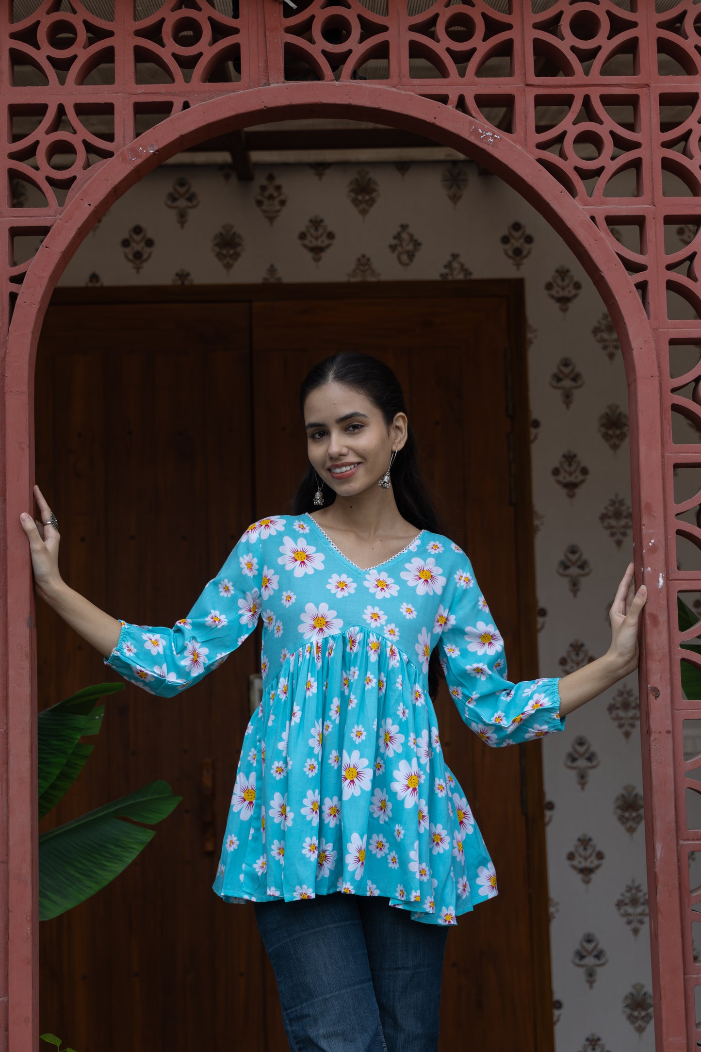 Azure Petals Peplum Top (Sky Blue)