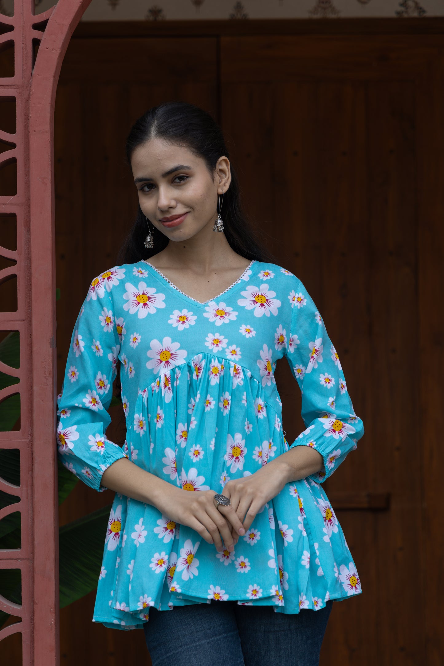 Azure Petals Peplum Top (Sky Blue)