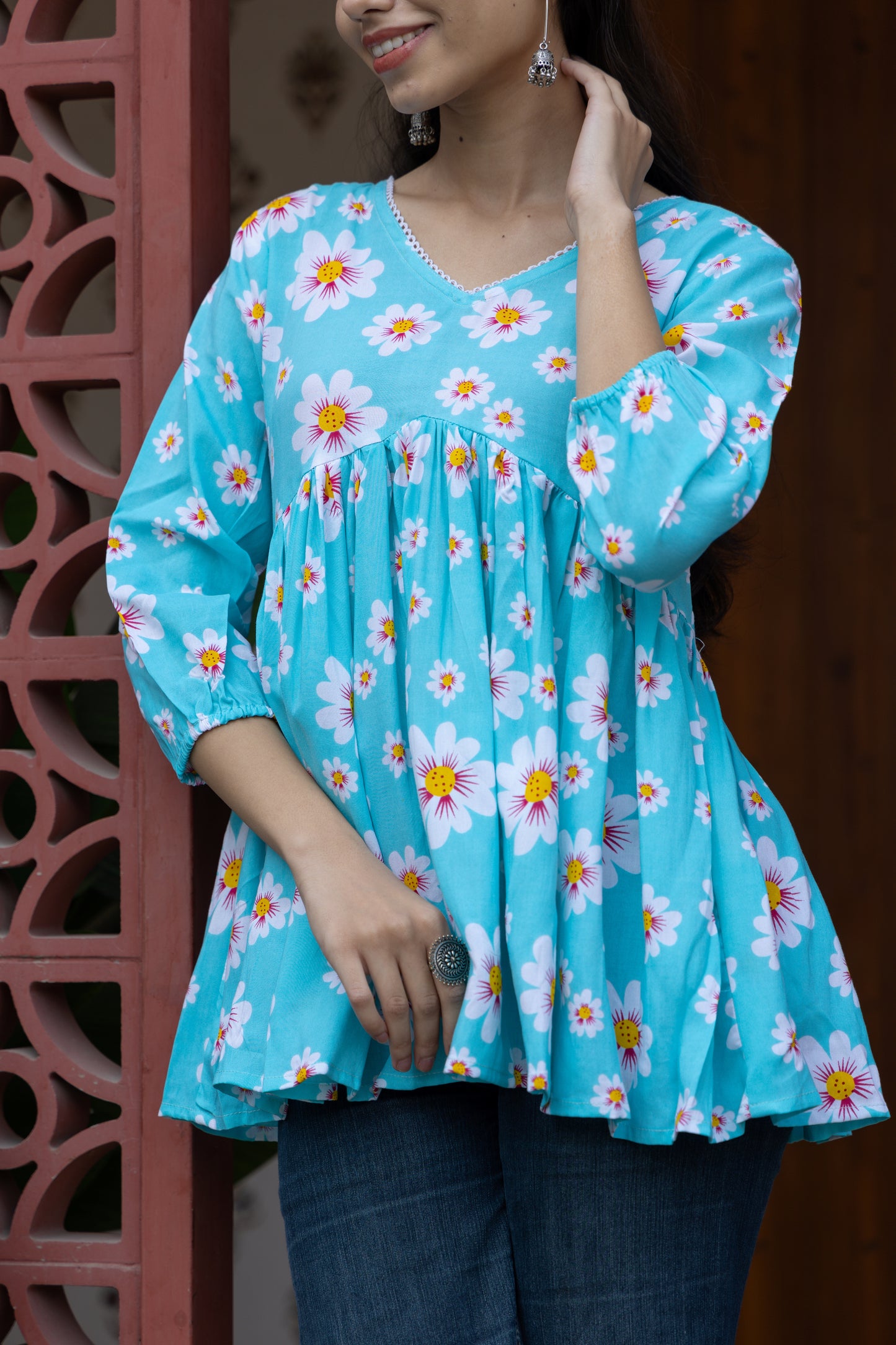 Azure Petals Peplum Top (Sky Blue)