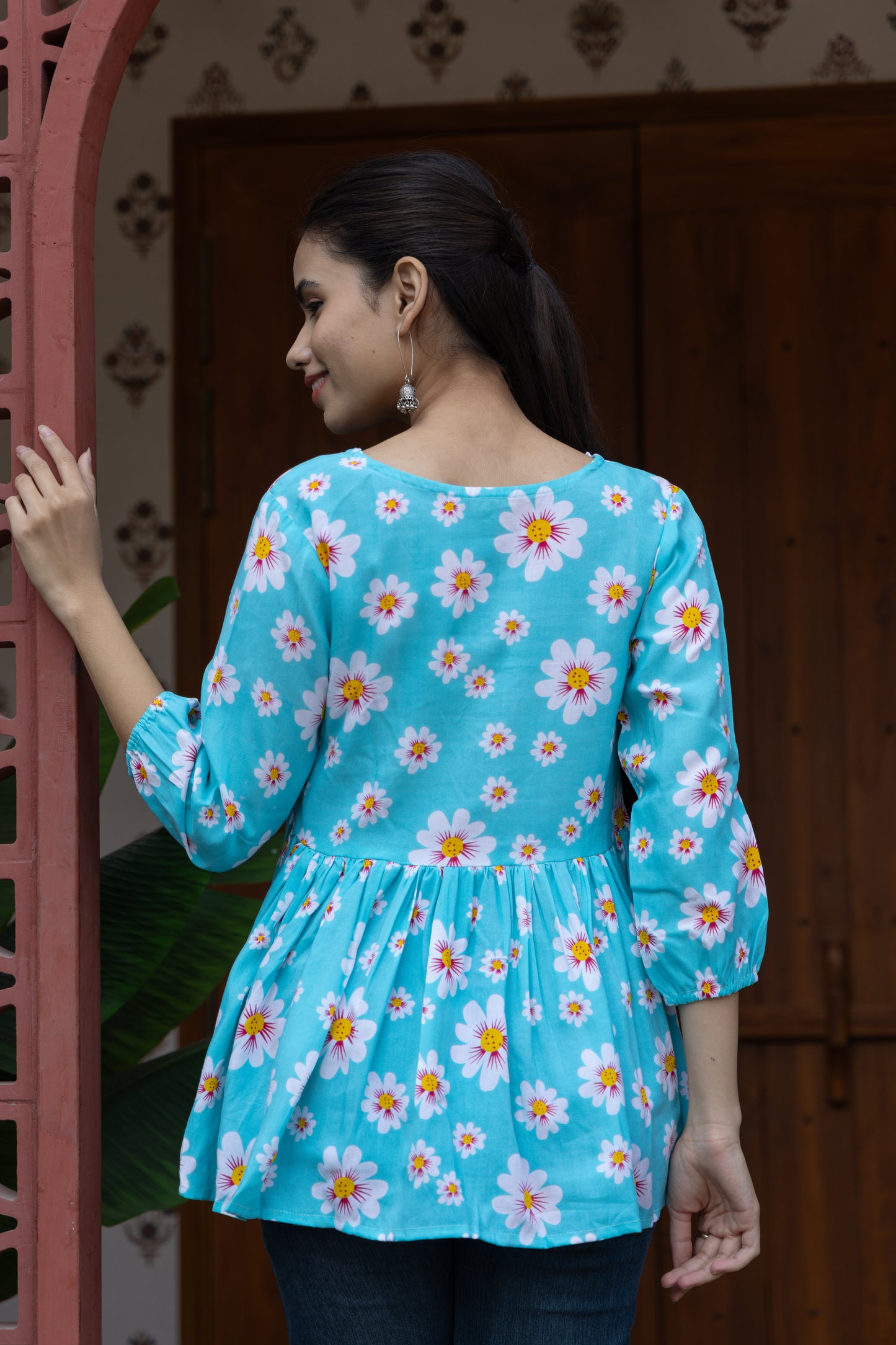 Azure Petals Peplum Top (Sky Blue)