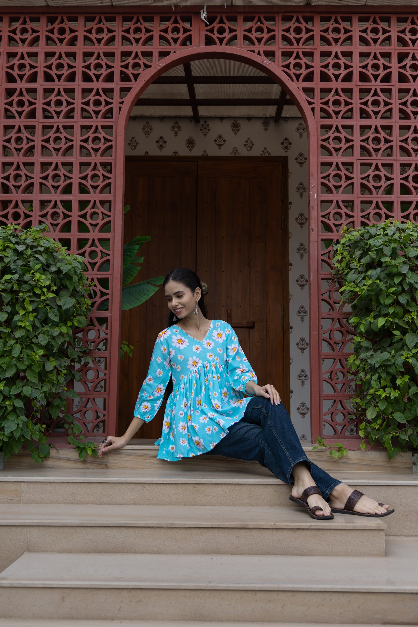 Azure Petals Peplum Top (Sky Blue)
