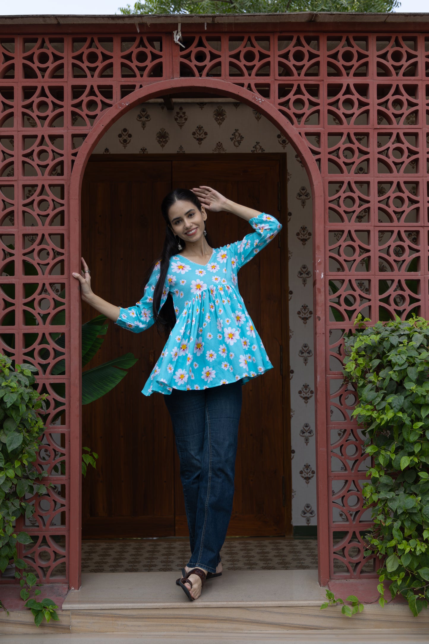 Azure Petals Peplum Top (Sky Blue)