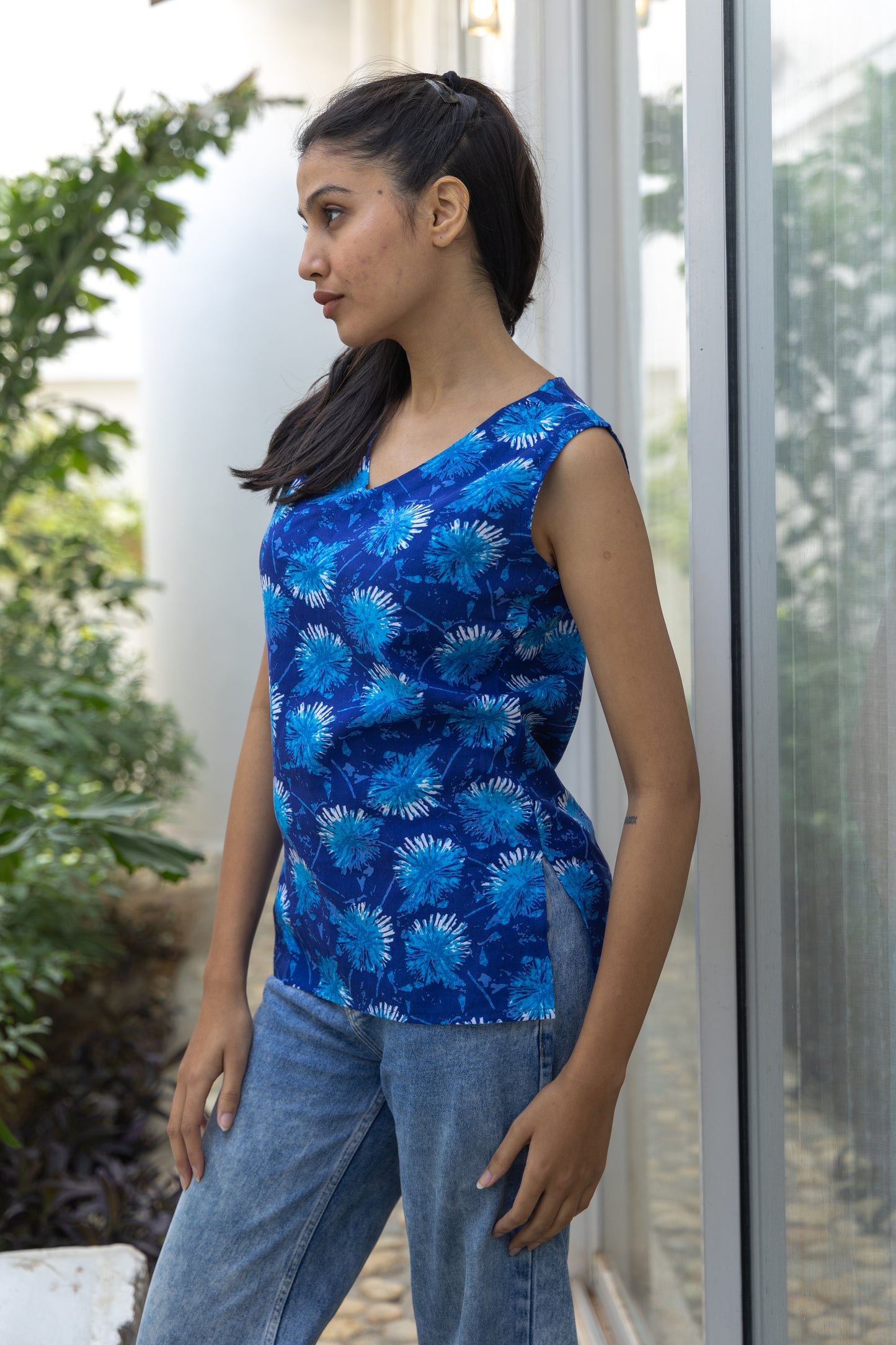Blue Blossom Sleeveless Cotton Top