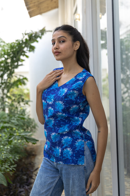 Blue Blossom Sleeveless Cotton Top