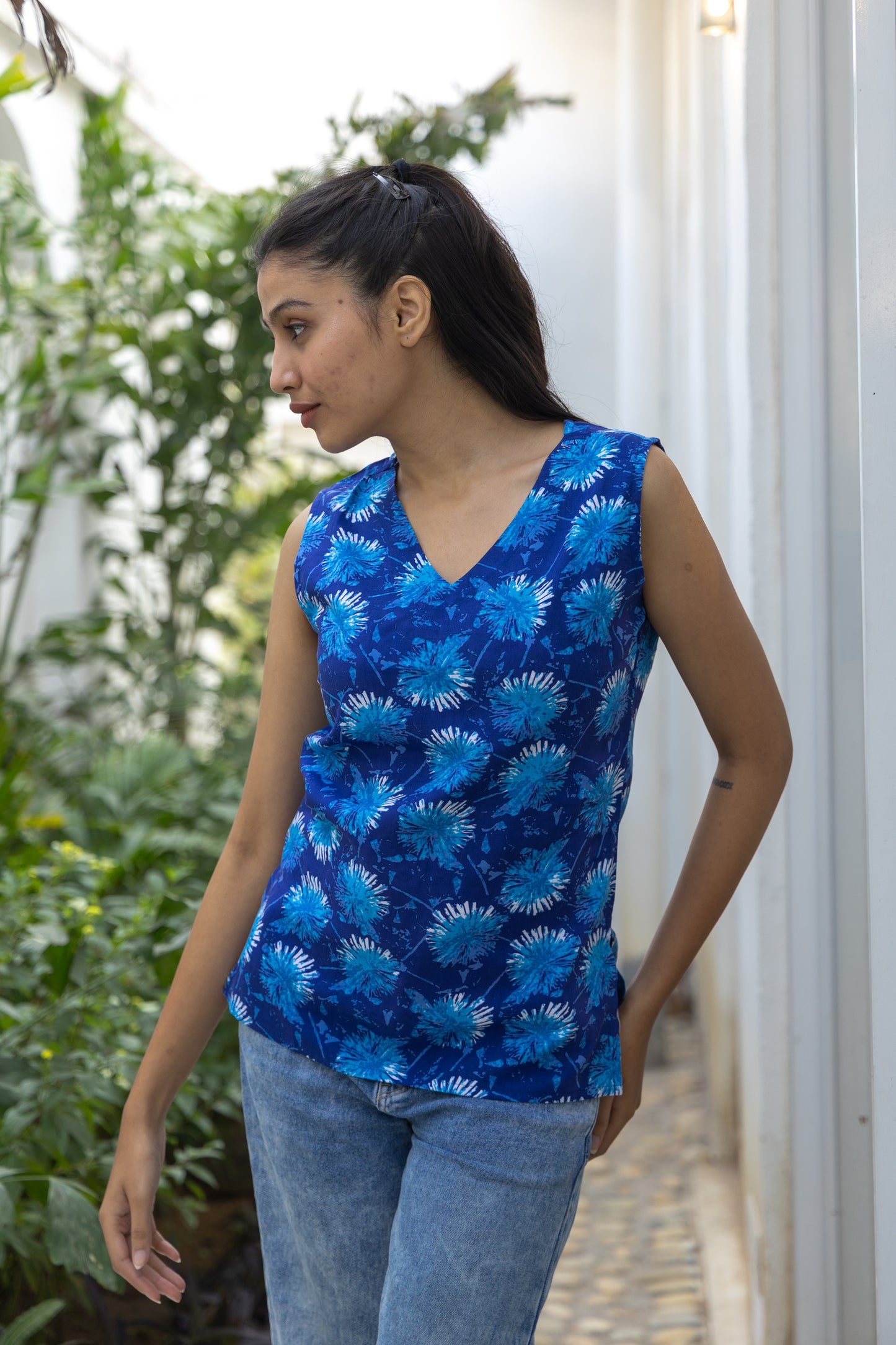Blue Blossom Sleeveless Cotton Top
