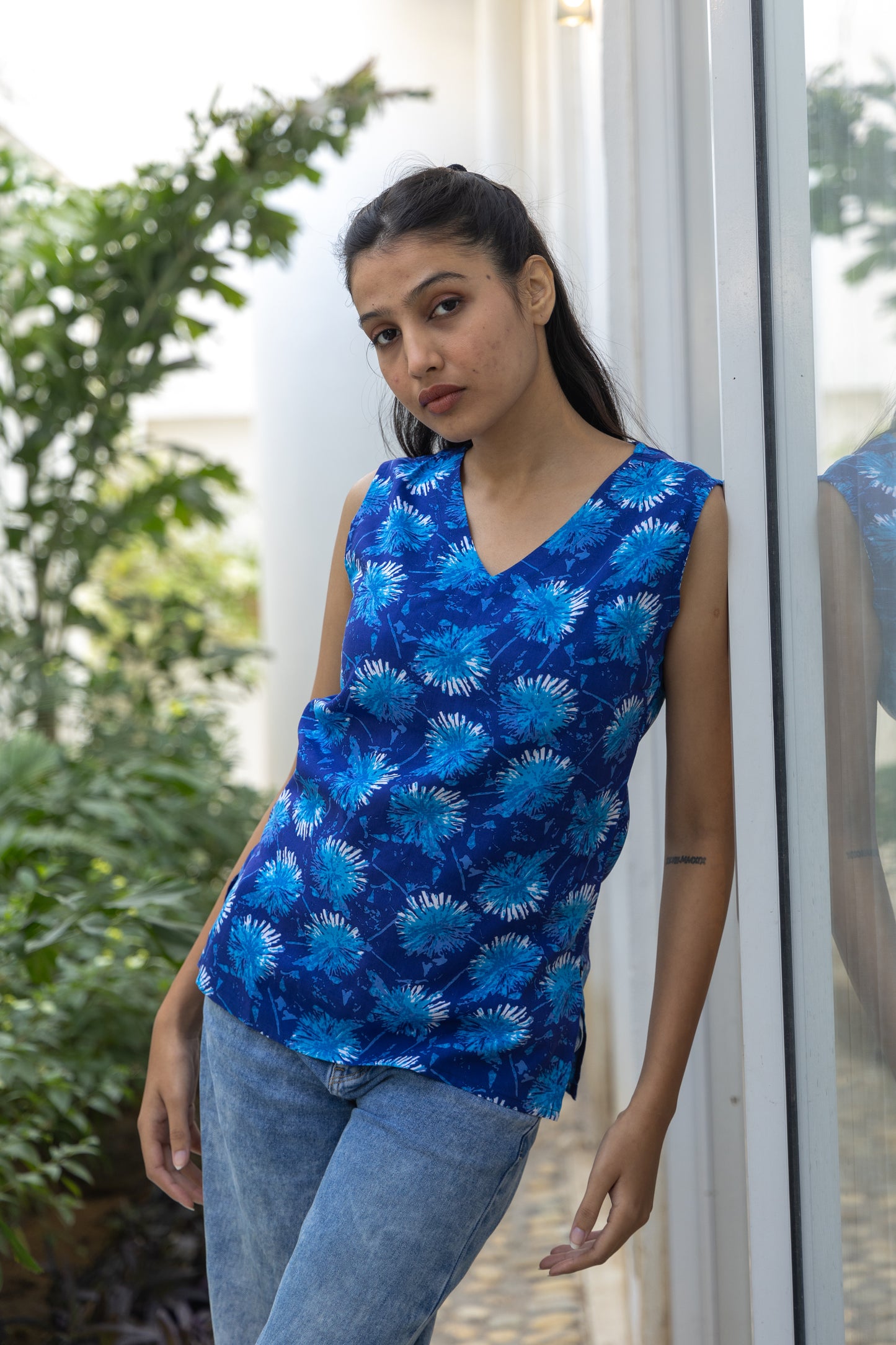 Blue Blossom Sleeveless Cotton Top