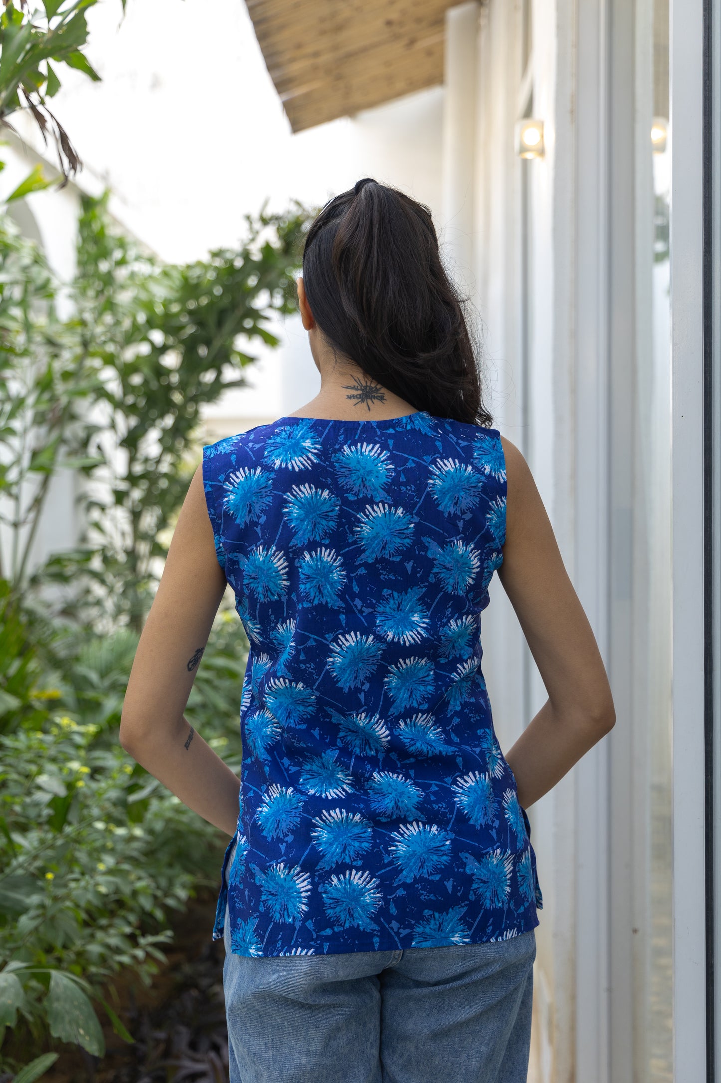 Blue Blossom Sleeveless Cotton Top