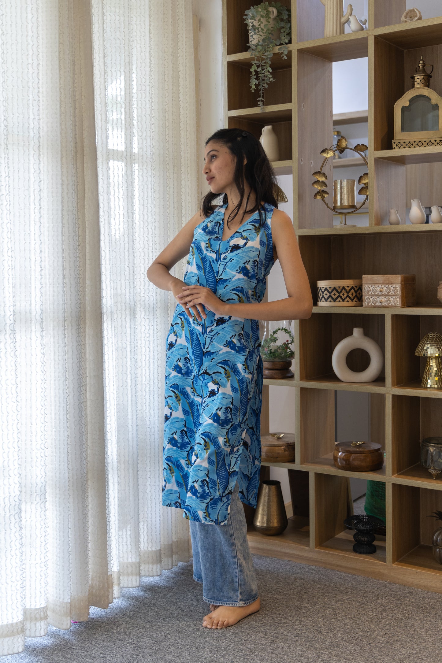 Blue Leaf Reverie Straight Kurti