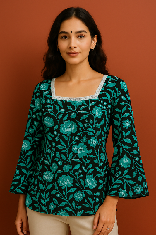 Liora – Black & Green Abstract Lace-Trim Cotton Top