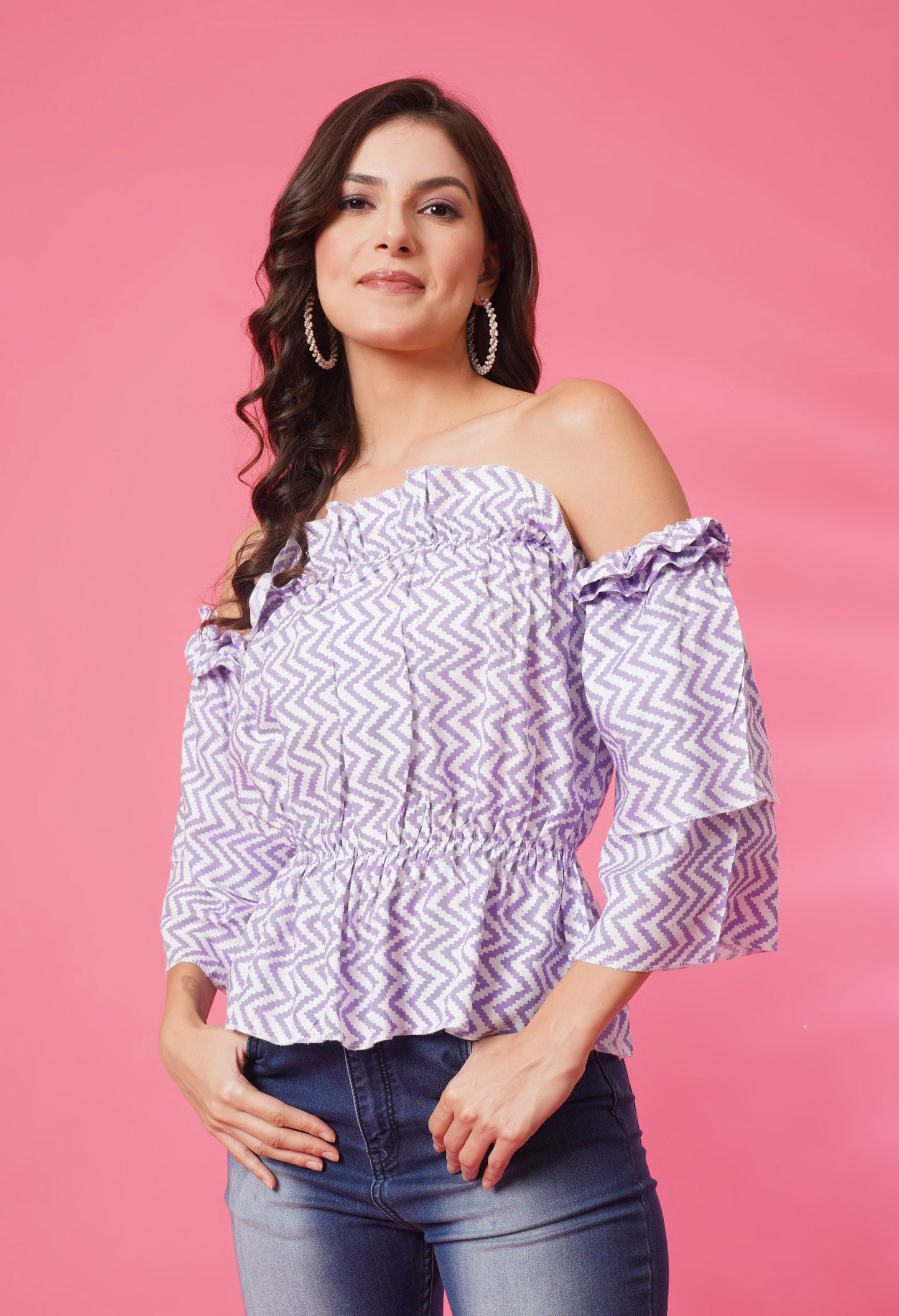 Purple Zigzag Off-Shoulder Top