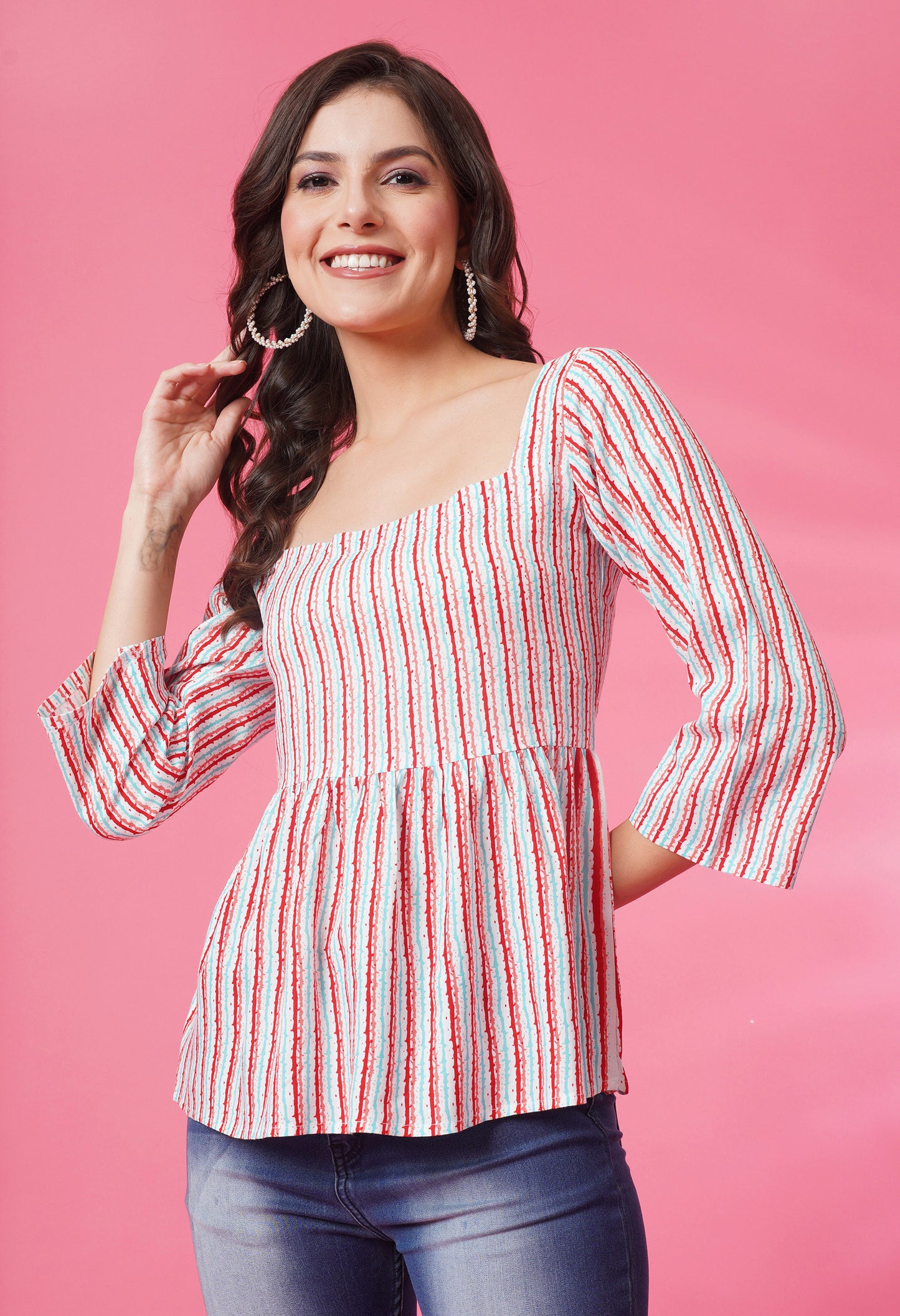 Multicolor Square Neck Striped Top