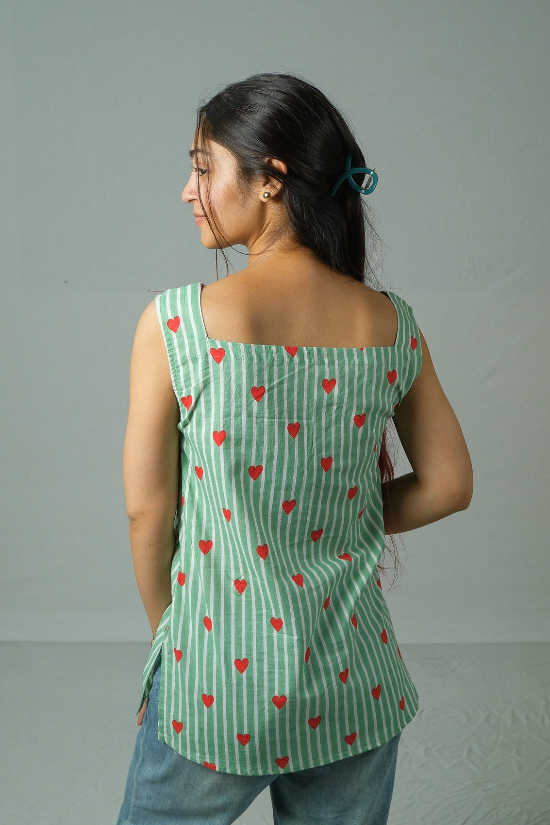 Mila – Heart Print Cotton Top (Green)