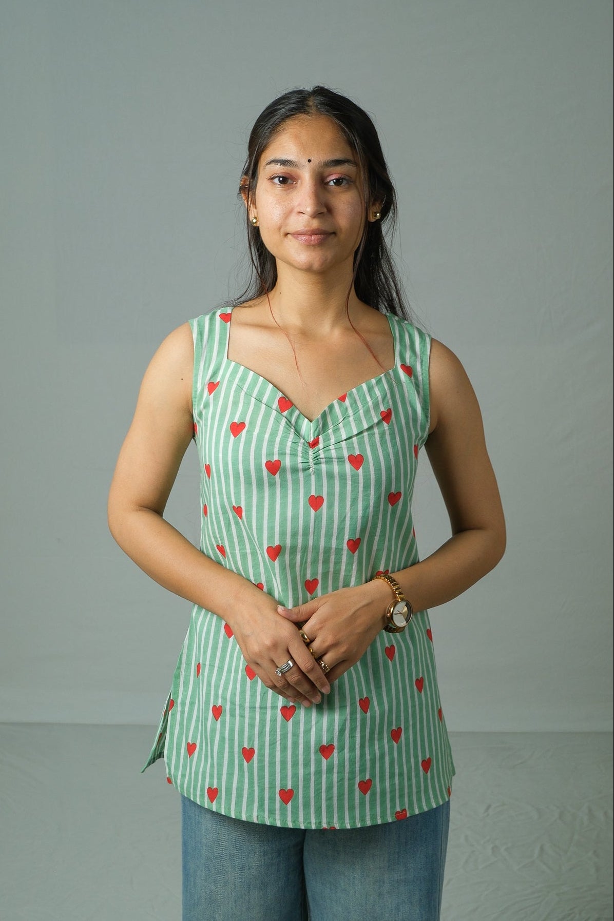 Mila – Heart Print Cotton Top (Green)