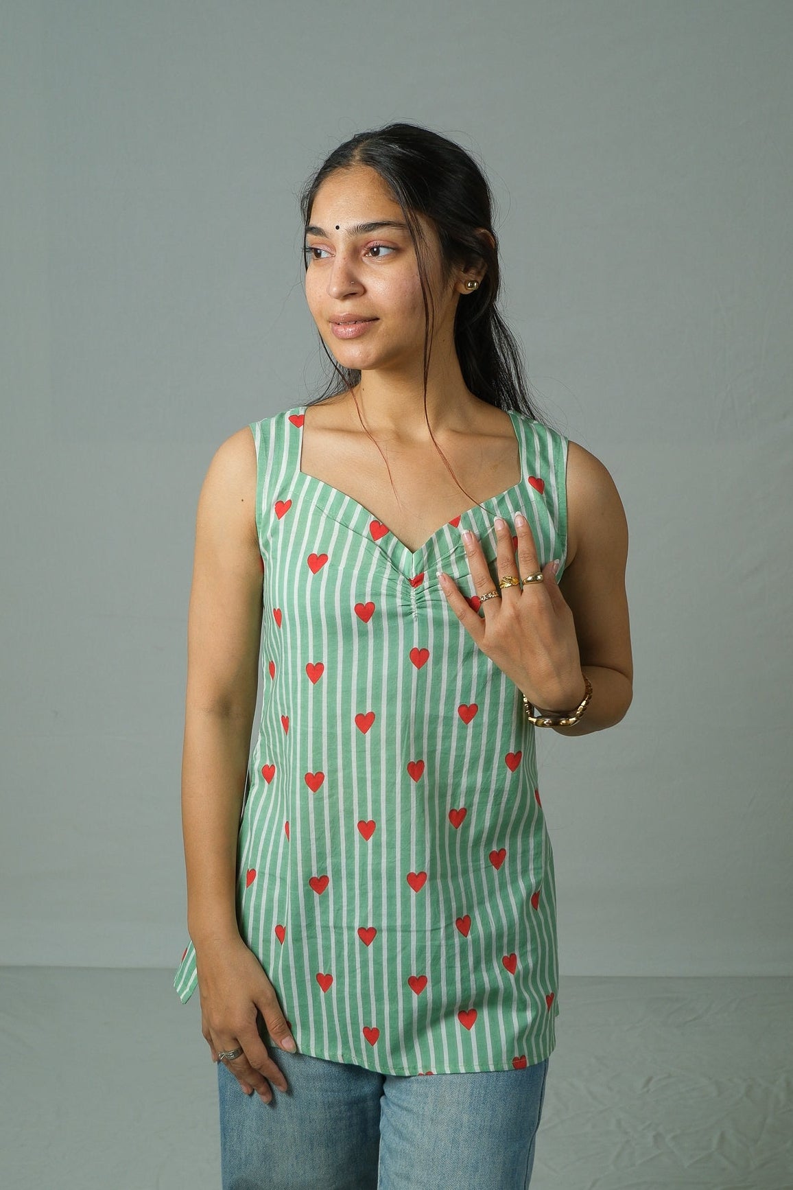 Mila – Heart Print Cotton Top (Green)