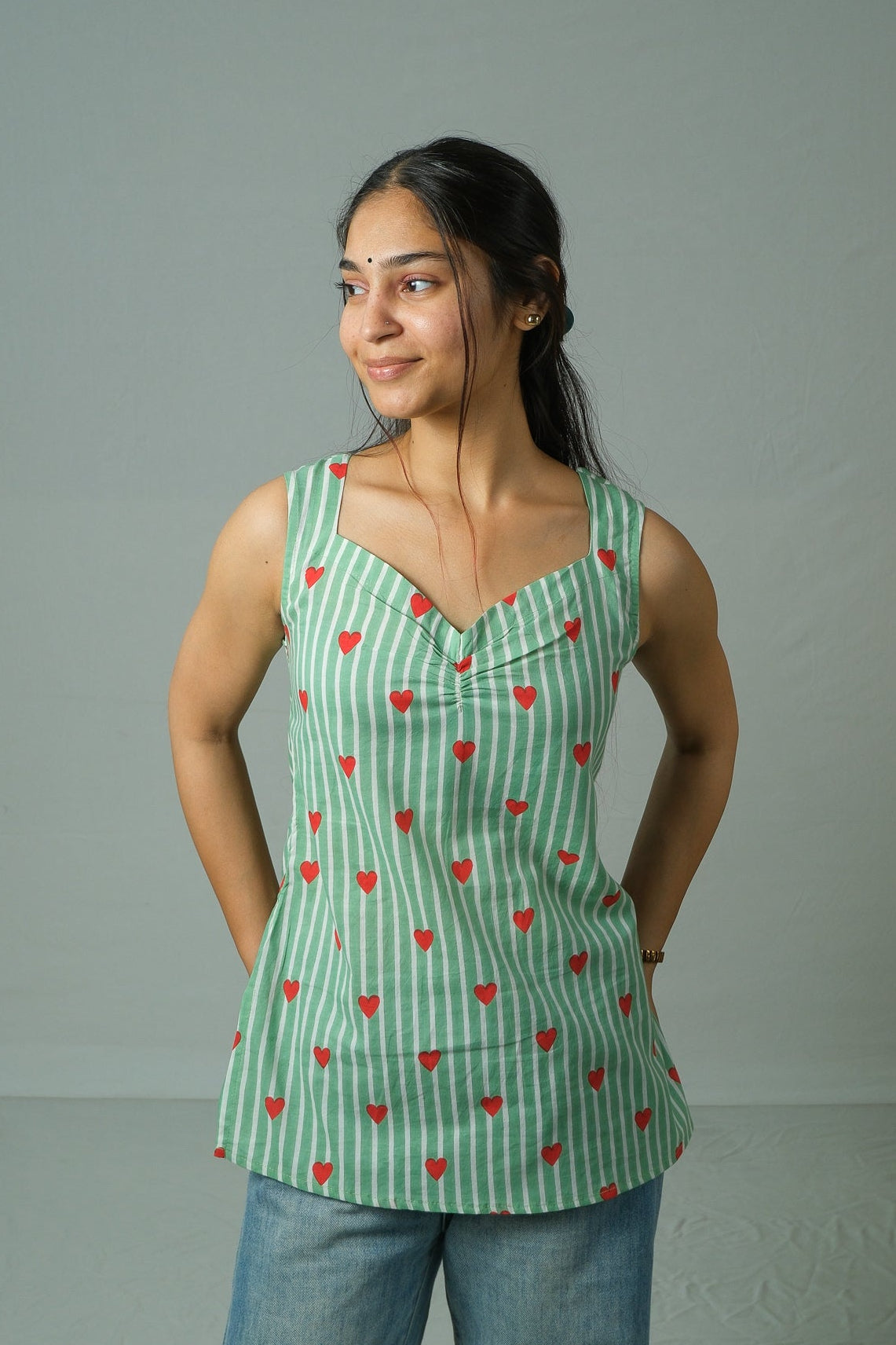 Mila – Heart Print Cotton Top (Green)