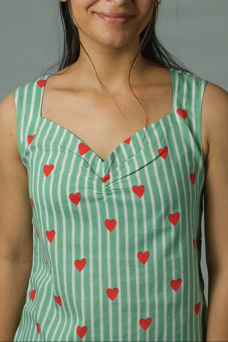 Mila – Heart Print Cotton Top (Green)