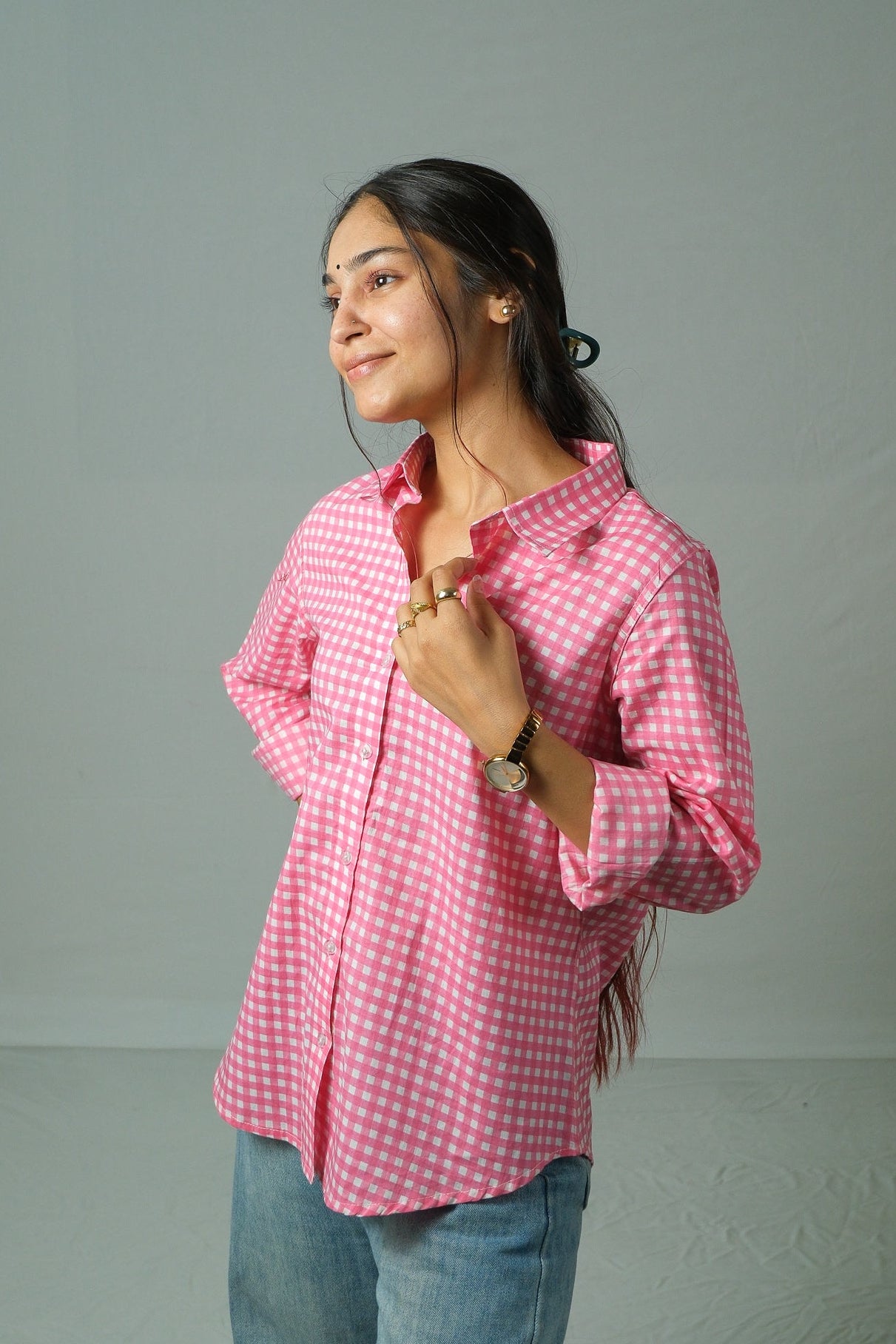 Lyla – Gingham Cotton Shirt (Pink)