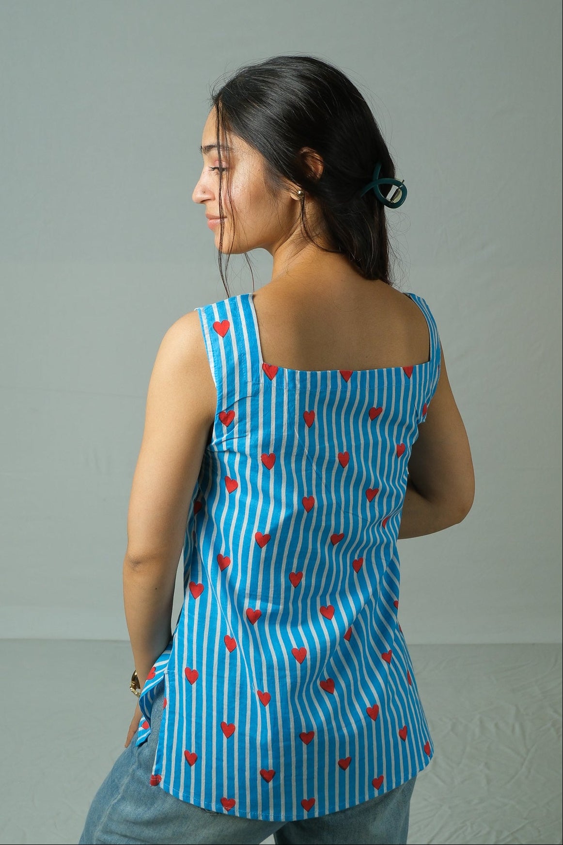 Tara – Heart Print Cotton Top (Blue)