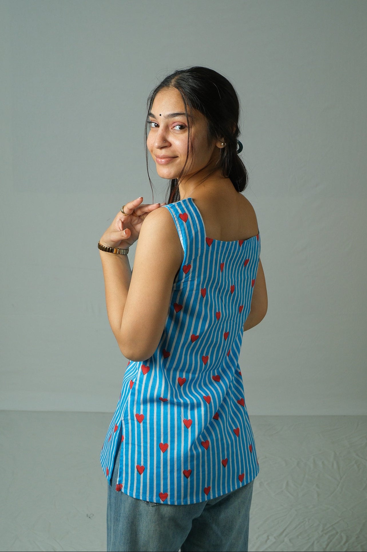 Tara – Heart Print Cotton Top (Blue)