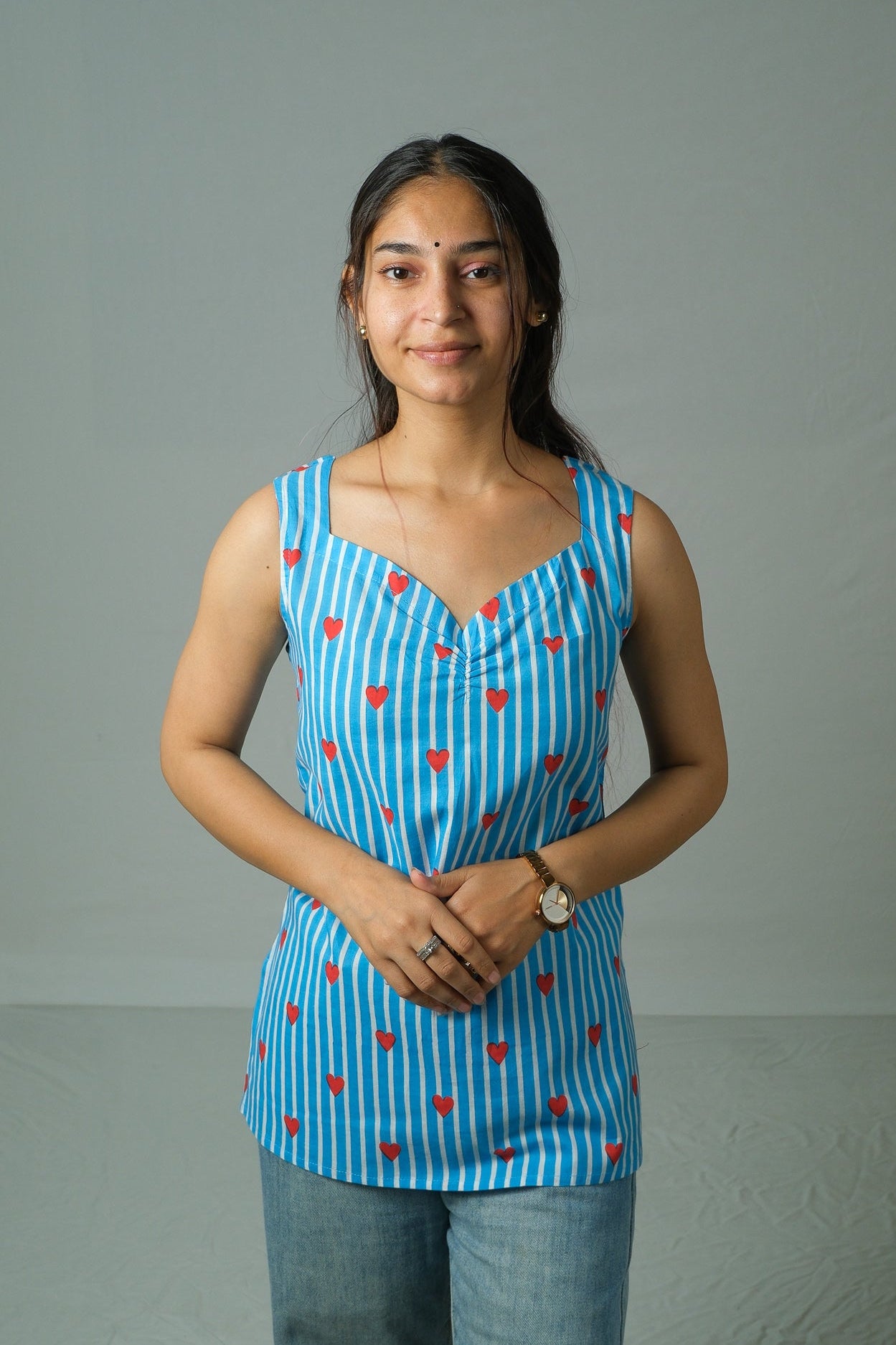 Tara – Heart Print Cotton Top (Blue)
