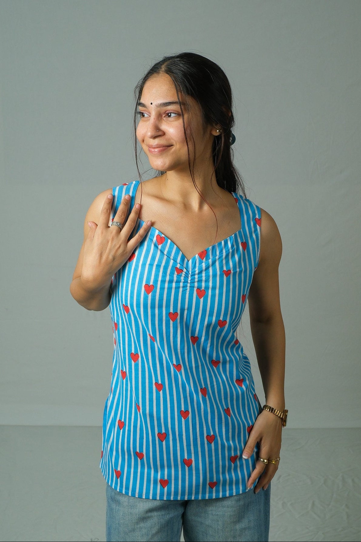 Tara – Heart Print Cotton Top (Blue)