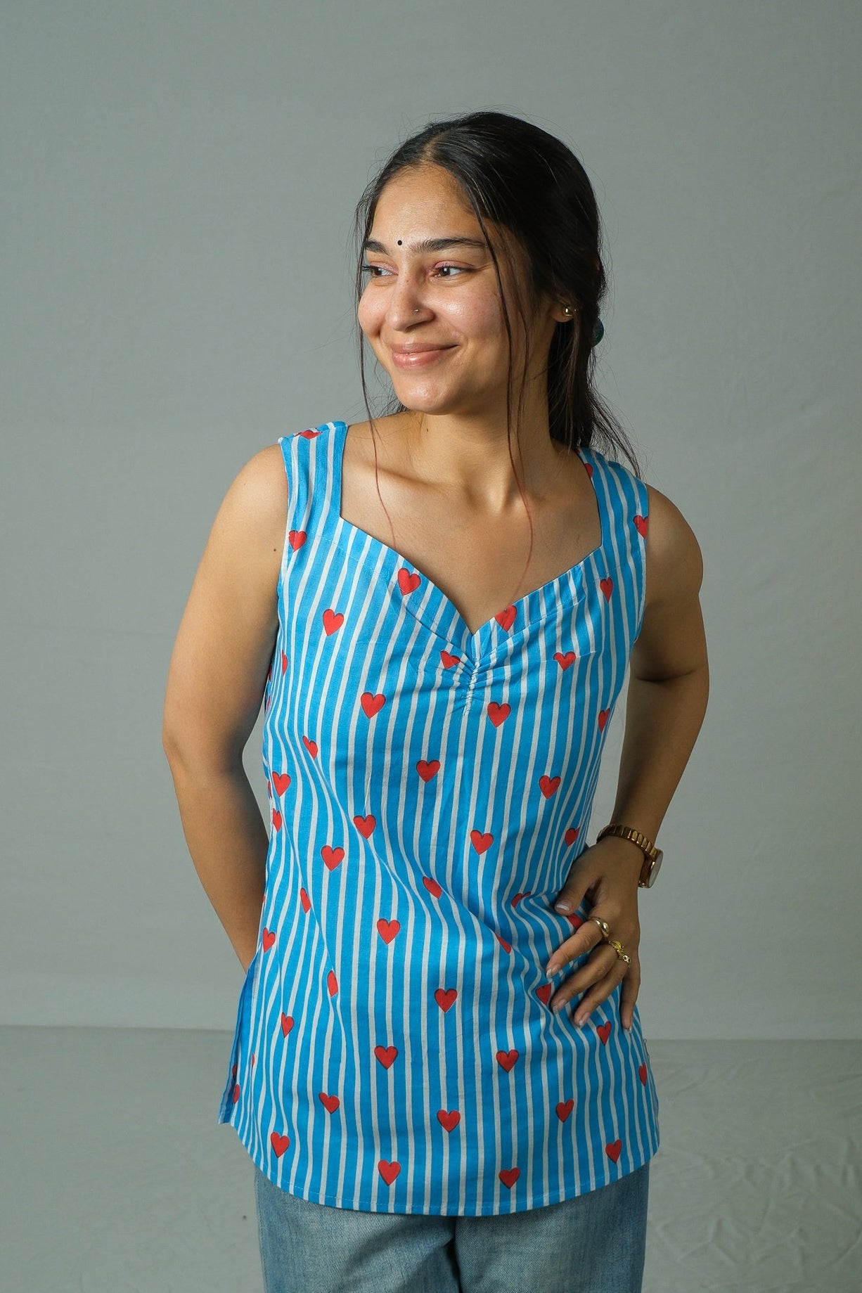 Tara – Heart Print Cotton Top (Blue)