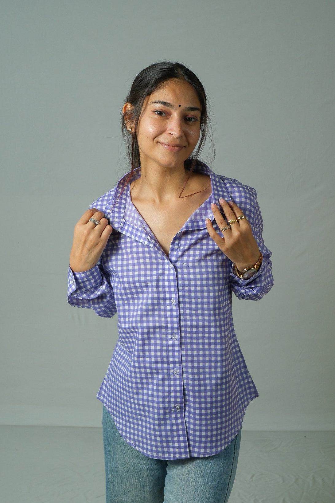 Elin – Gingham Cotton Shirt (Lavender)