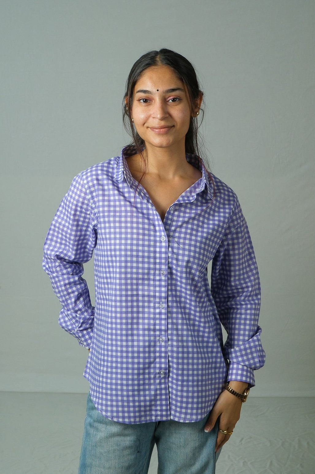 Elin – Gingham Cotton Shirt (Lavender)
