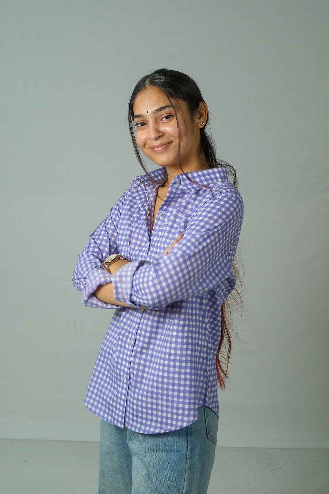 Elin – Gingham Cotton Shirt (Lavender)