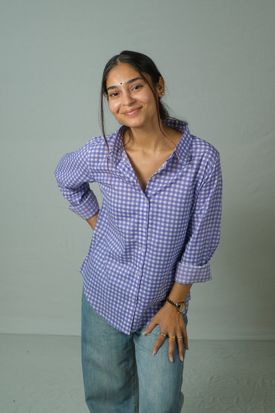 Elin – Gingham Cotton Shirt (Lavender)
