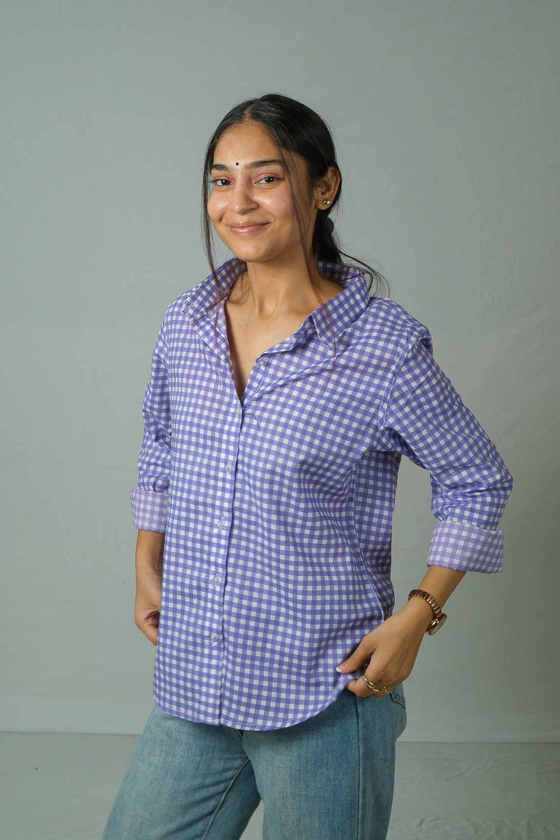 Elin – Gingham Cotton Shirt (Lavender)