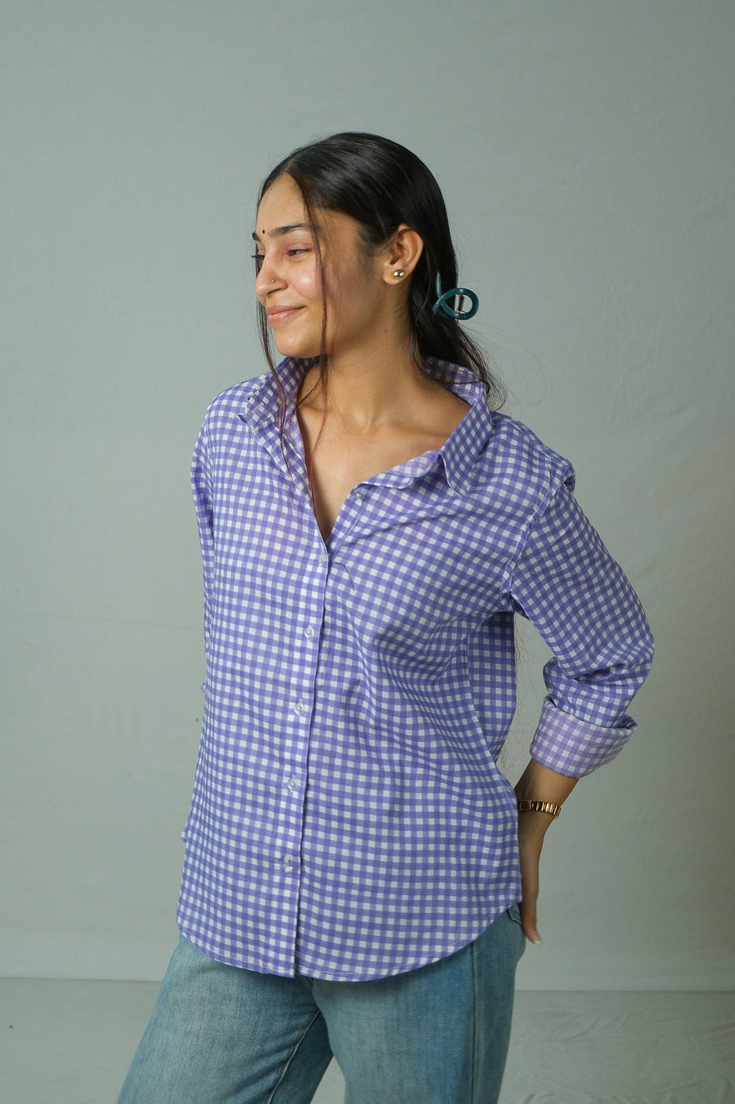 Elin – Gingham Cotton Shirt (Lavender)