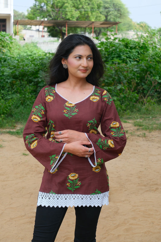 Sharini – Brown Floral Short Kurta