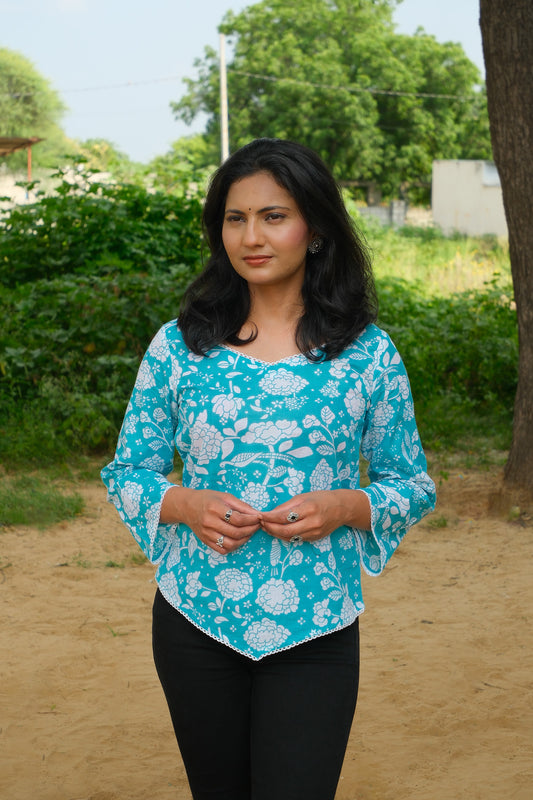 Ishani – Sky Blue Floral Short Kurta