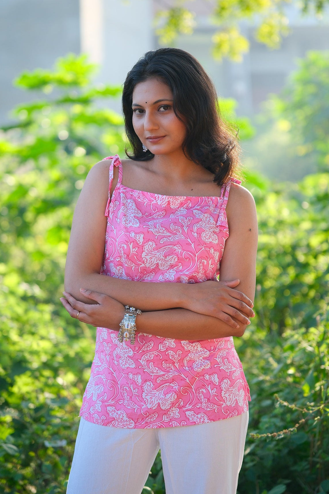 Florique - Pink Floral Cotton Tie-Up Top - KSAMA