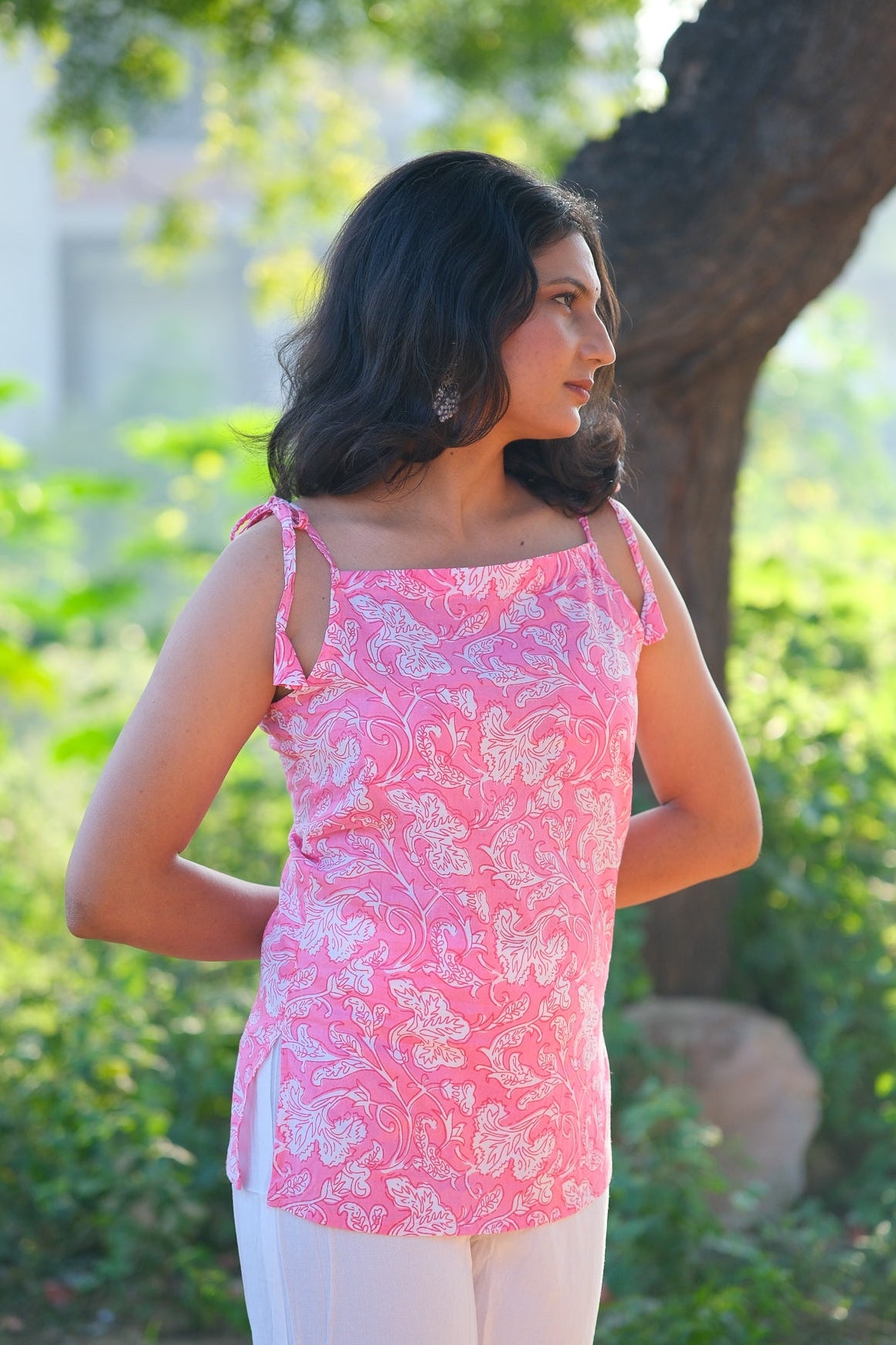 Florique - Pink Floral Cotton Tie-Up Top - KSAMA