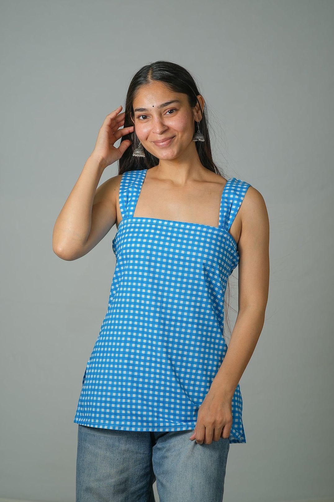 Nina – Gingham Cotton Top (Blue)