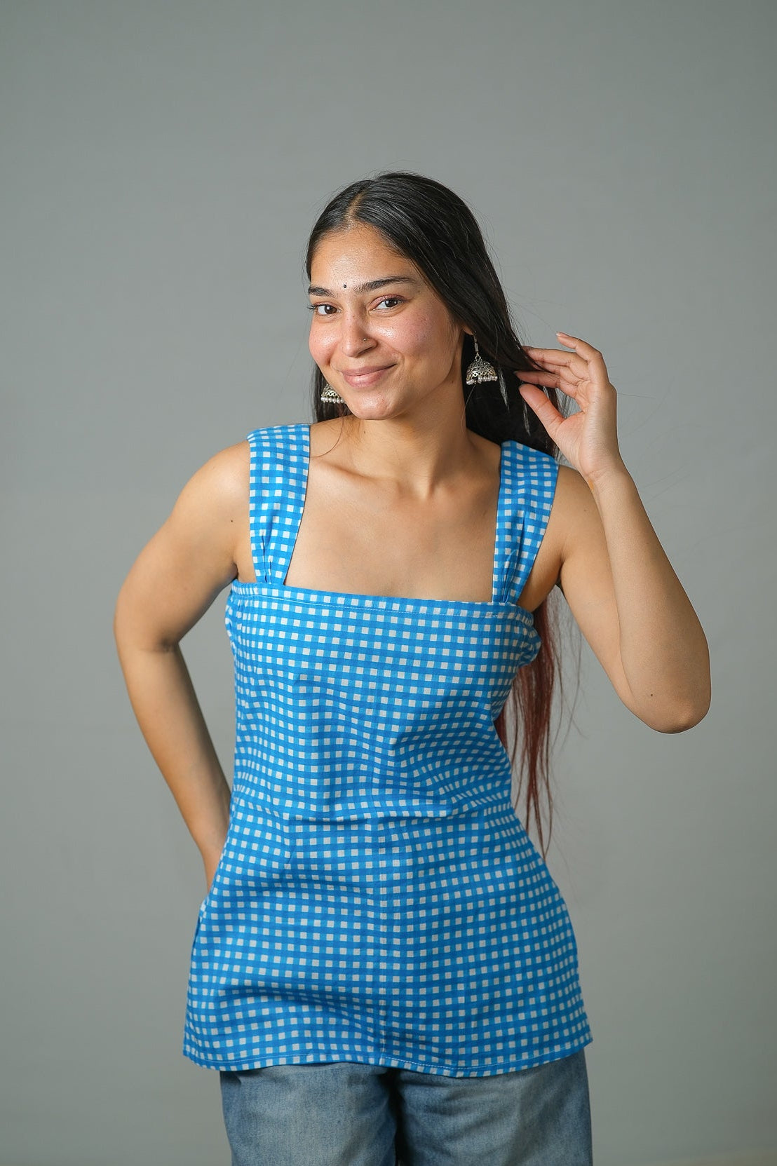 Nina – Gingham Cotton Top (Blue)