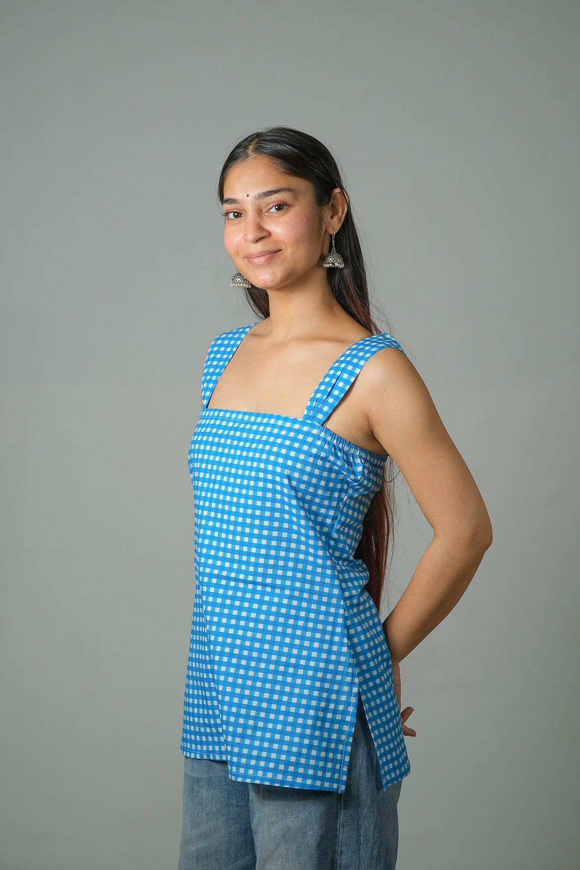 Nina – Gingham Cotton Top (Blue)