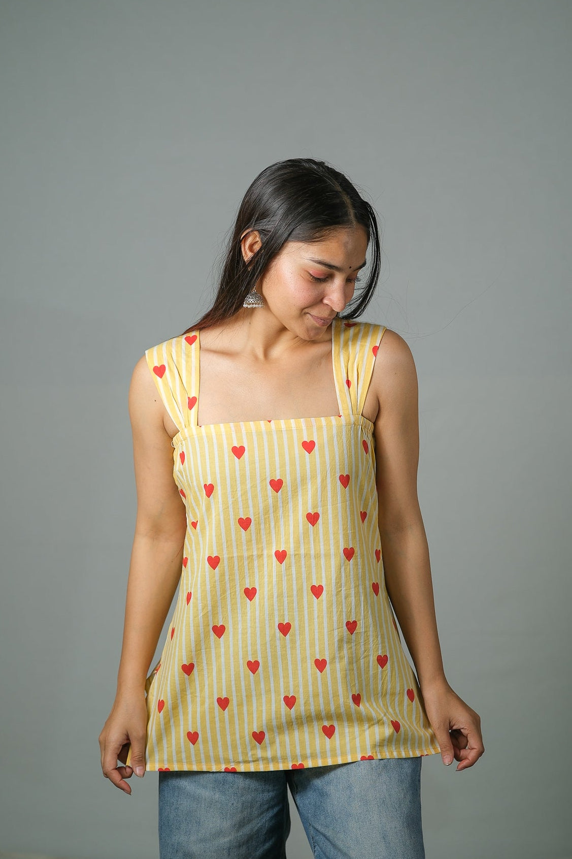 Zoe – Heart Print Cotton Top (Yellow)