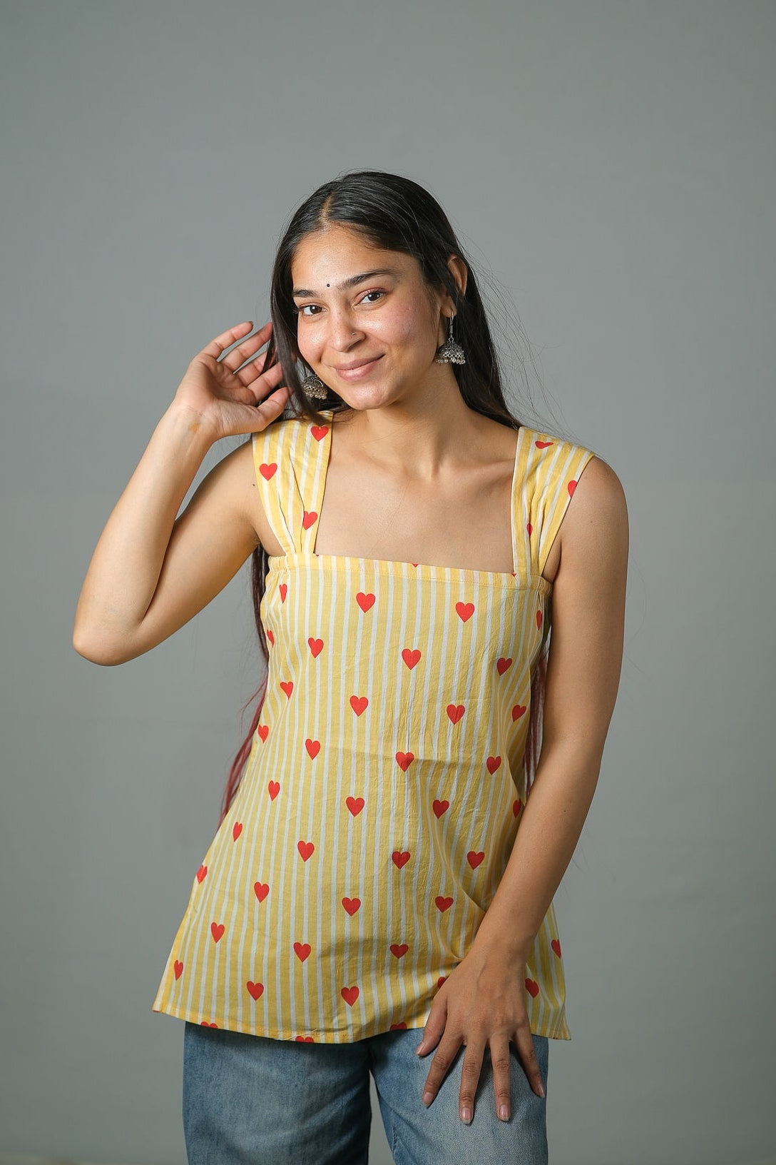 Zoe – Heart Print Cotton Top (Yellow)