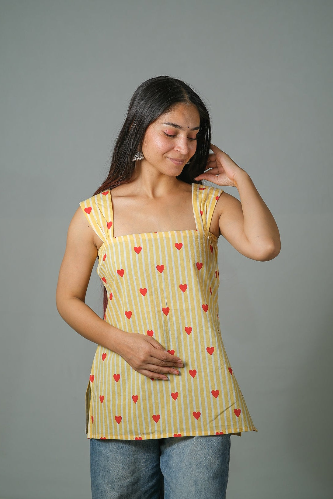Zoe – Heart Print Cotton Top (Yellow)