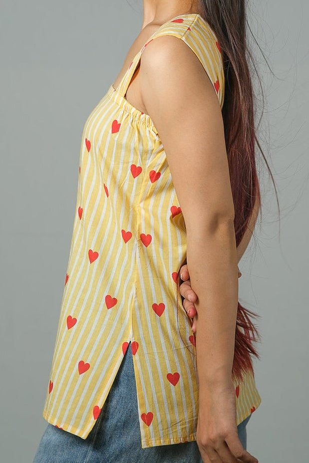 Zoe – Heart Print Cotton Top (Yellow)